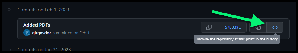 Image shows pointer to "Browse the repository at this point in the history" link