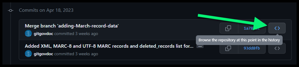 Image shows pointer to "Browse the repository at this point in the history" link