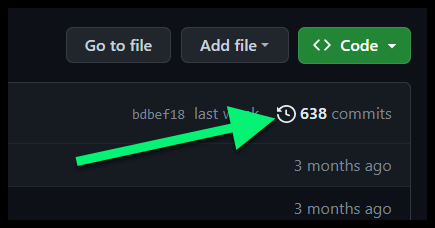 Image shows pointer to 'commits' link in upper right-hand of main file list