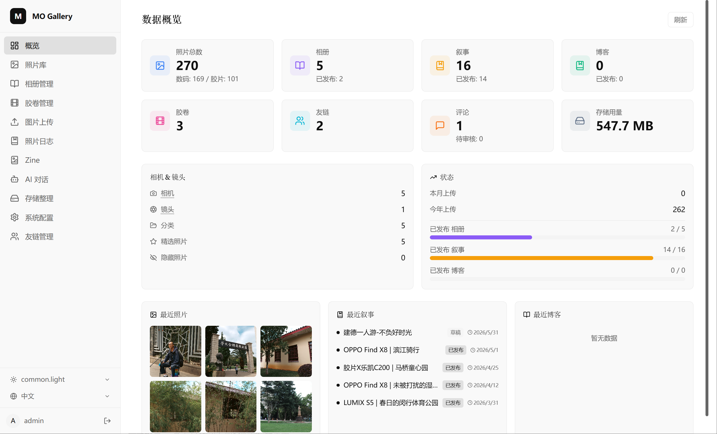 사진 수, 앨범, 이야기, 블로그, 저장 용량과 최근 콘텐츠를 한 화면에 집계한 Desktop 대시보드입니다.
