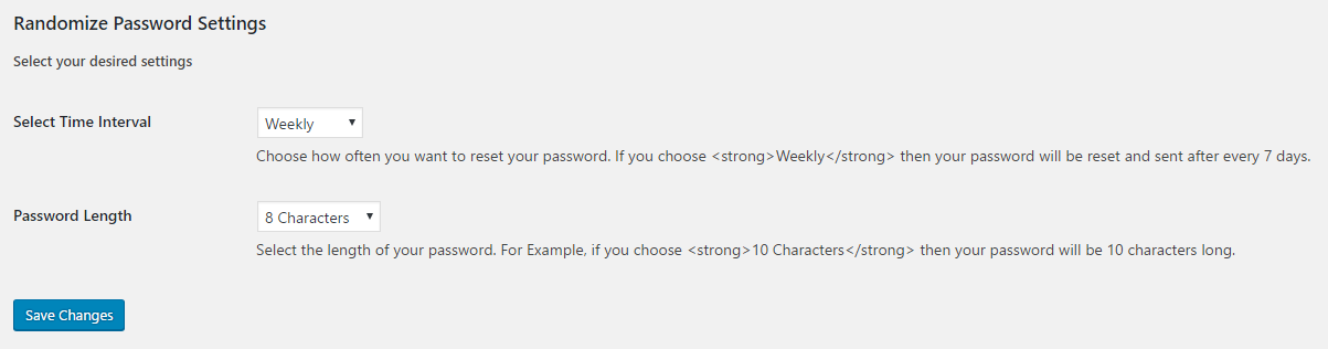 Randomize Password Settings page in Dashboard → Settings