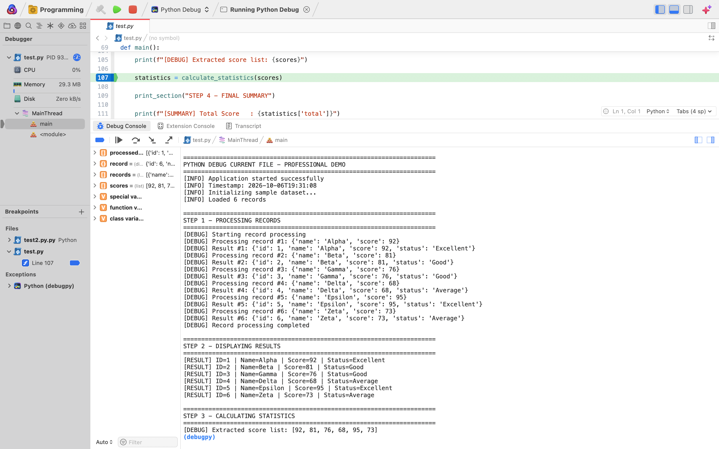 Python Run and Debug debugging demo