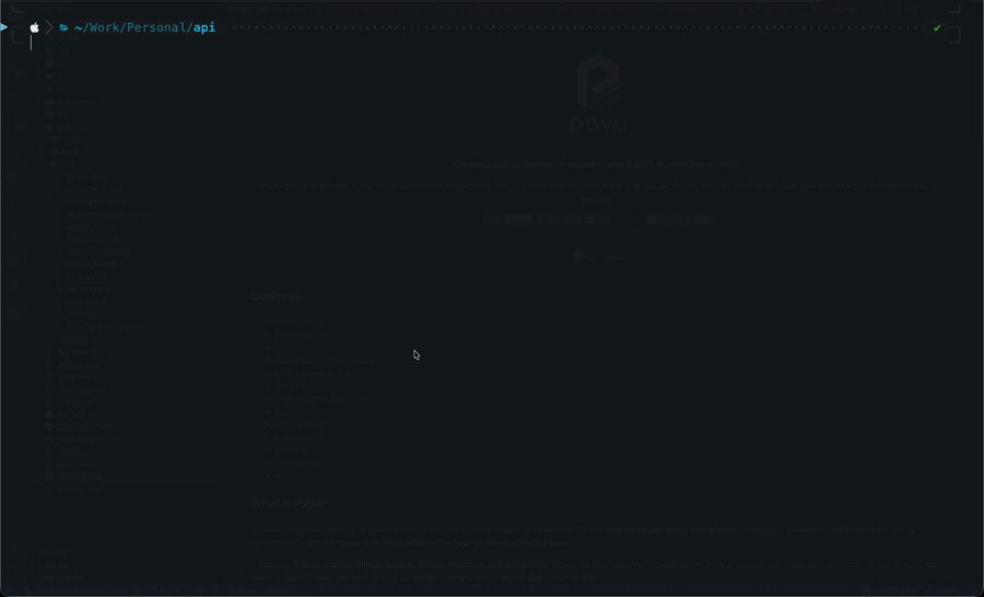 Payo CLI generating CLAUDE.md, .cursorrules, and AGENTS.md from a short questionnaire