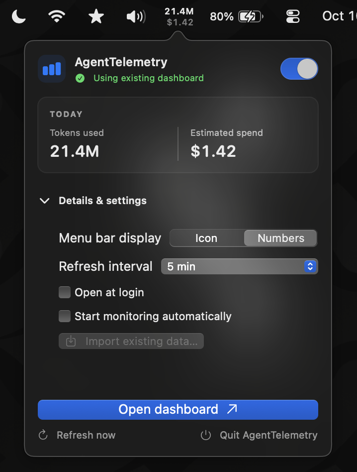 AgentTelemetry menu bar popover with today's token and spend totals and display settings