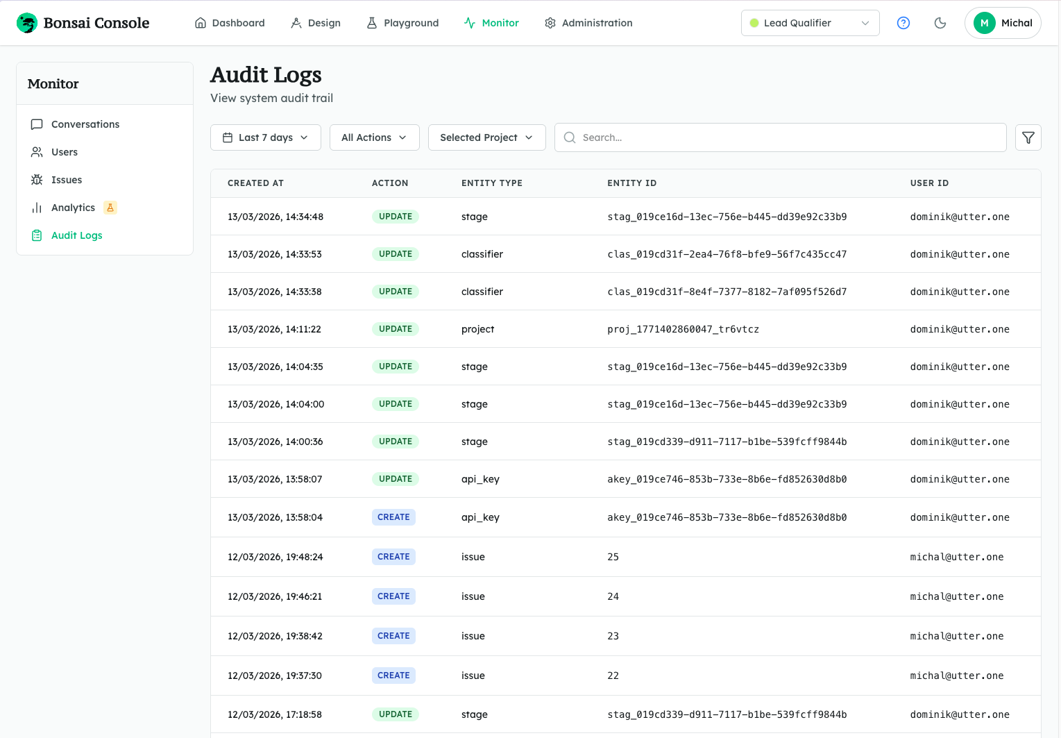 Bonsai Audit view
