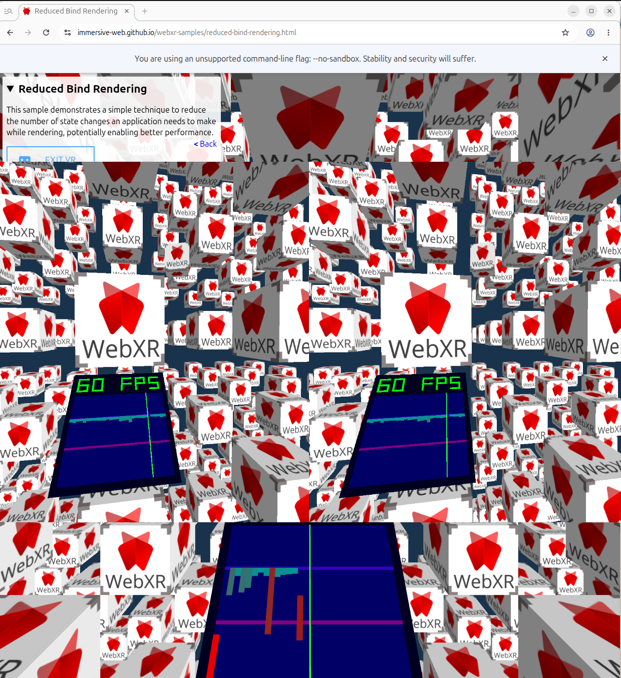 Chromium WebXR rendering sample running on Linux through OpenXR