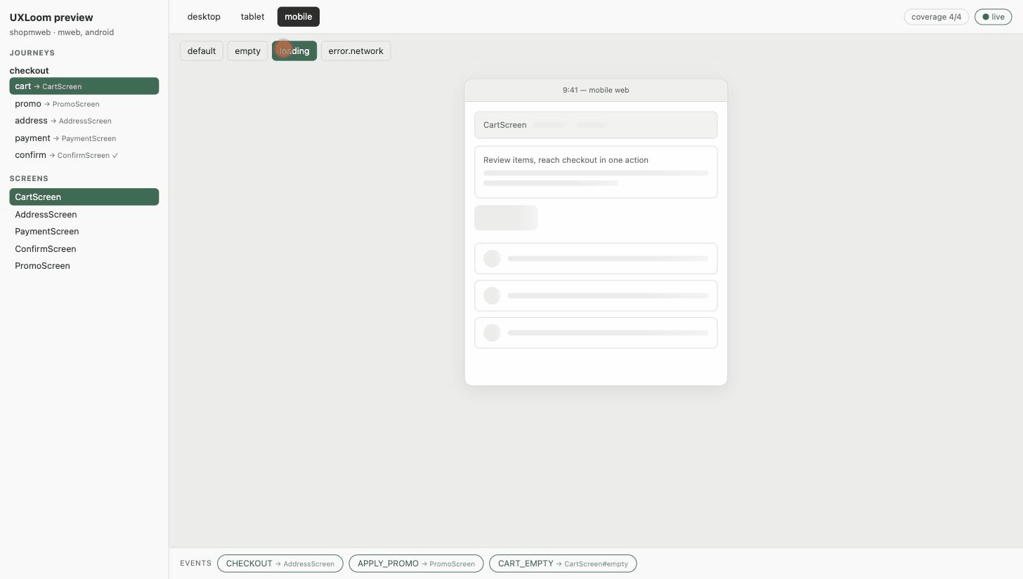 Live preview: state tabs and clickable journey events on wireframe mocks