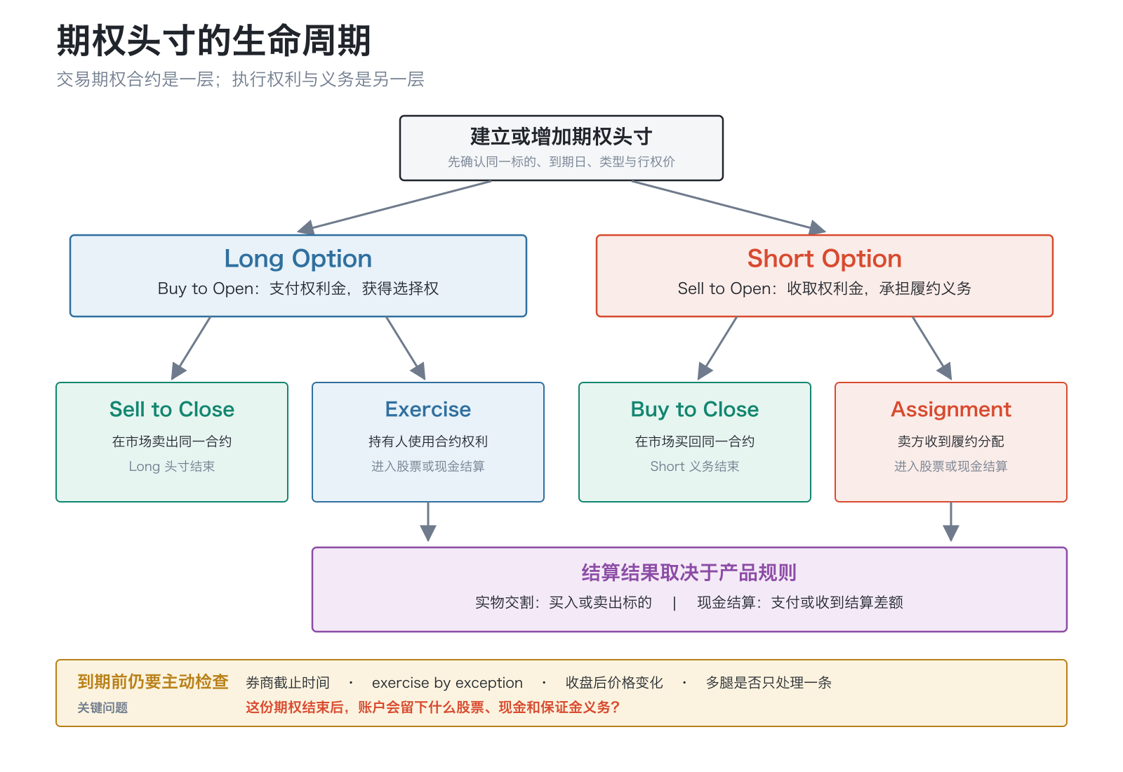 期权合约的生命周期:买入或卖出开仓后,可以通过相反交易平仓,也可能进入行权、指派、到期失效或现金结算