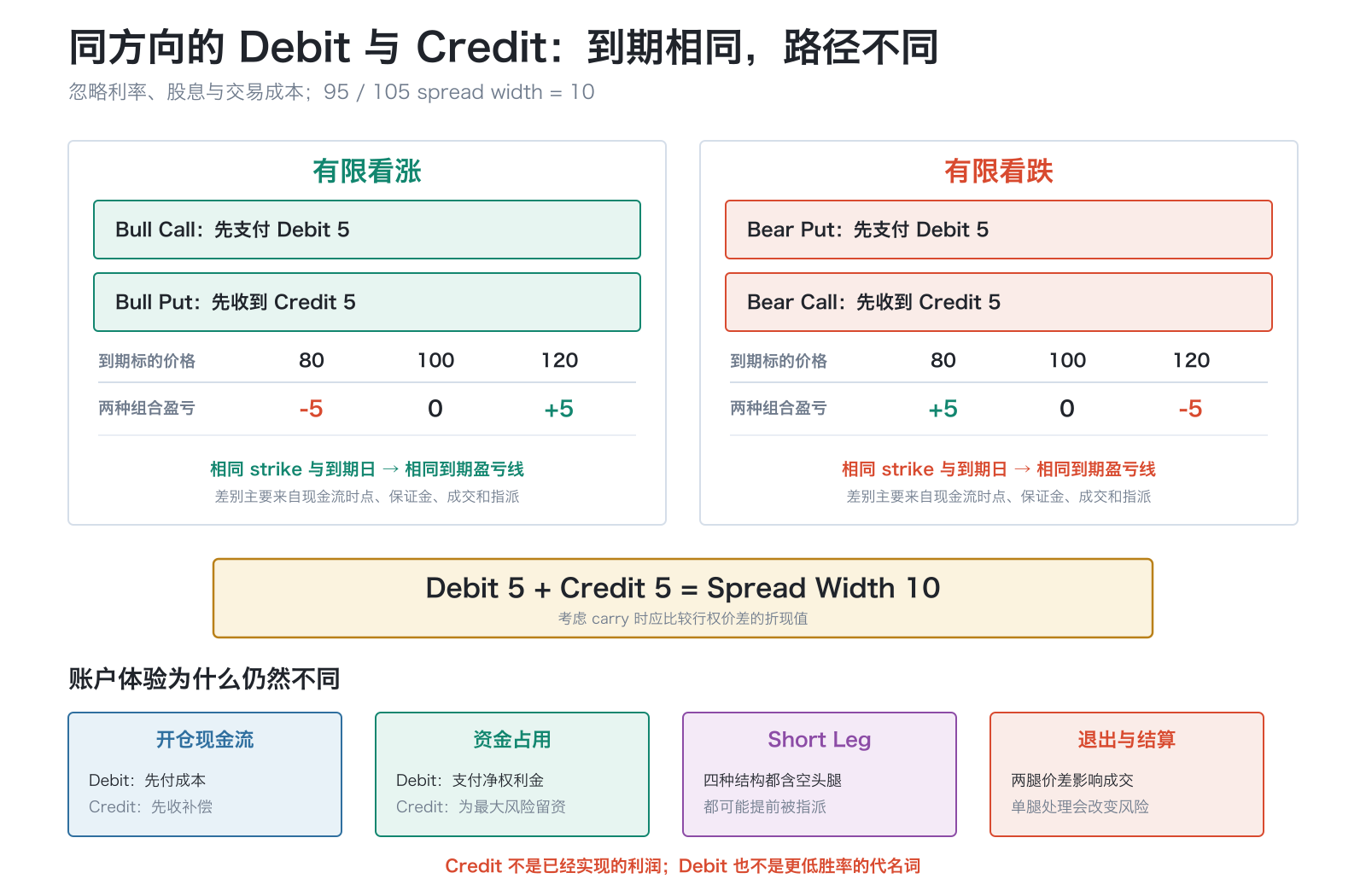 方向相同的debit与credit垂直价差在简化条件下具有相同到期盈亏:Bull Call对应Bull Put,Bear Put对应Bear Call;区别主要在现金流时点和持仓路径