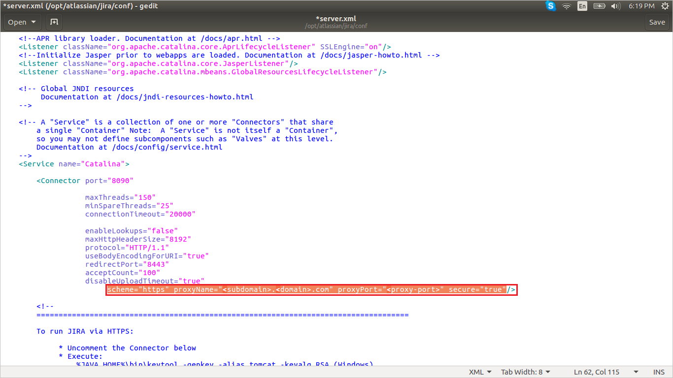 Screenshot that shows the "server.xml" file with the attribute added to the "connector" port.
