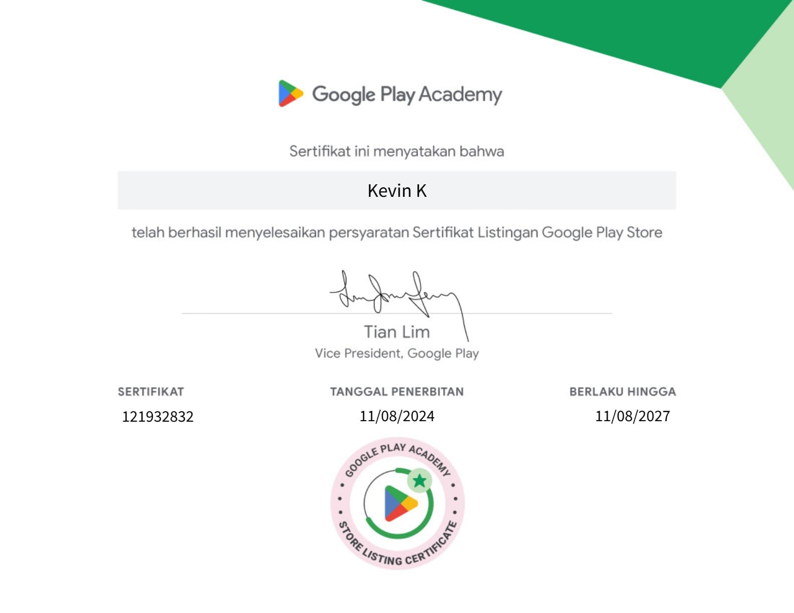 Google Play Store Listing Certificate