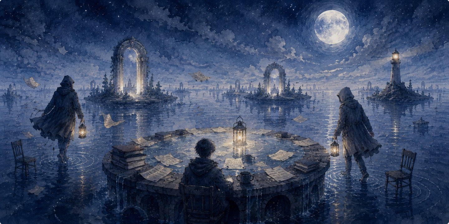 A round stone table covered in glowing notes stands in moonlit water — the world. One hooded visitor is leaving through an archway on the left; another is arriving from the right; a human sits at the table, the only constant. Nothing passes between the visitors directly — everything they share passes through the table.