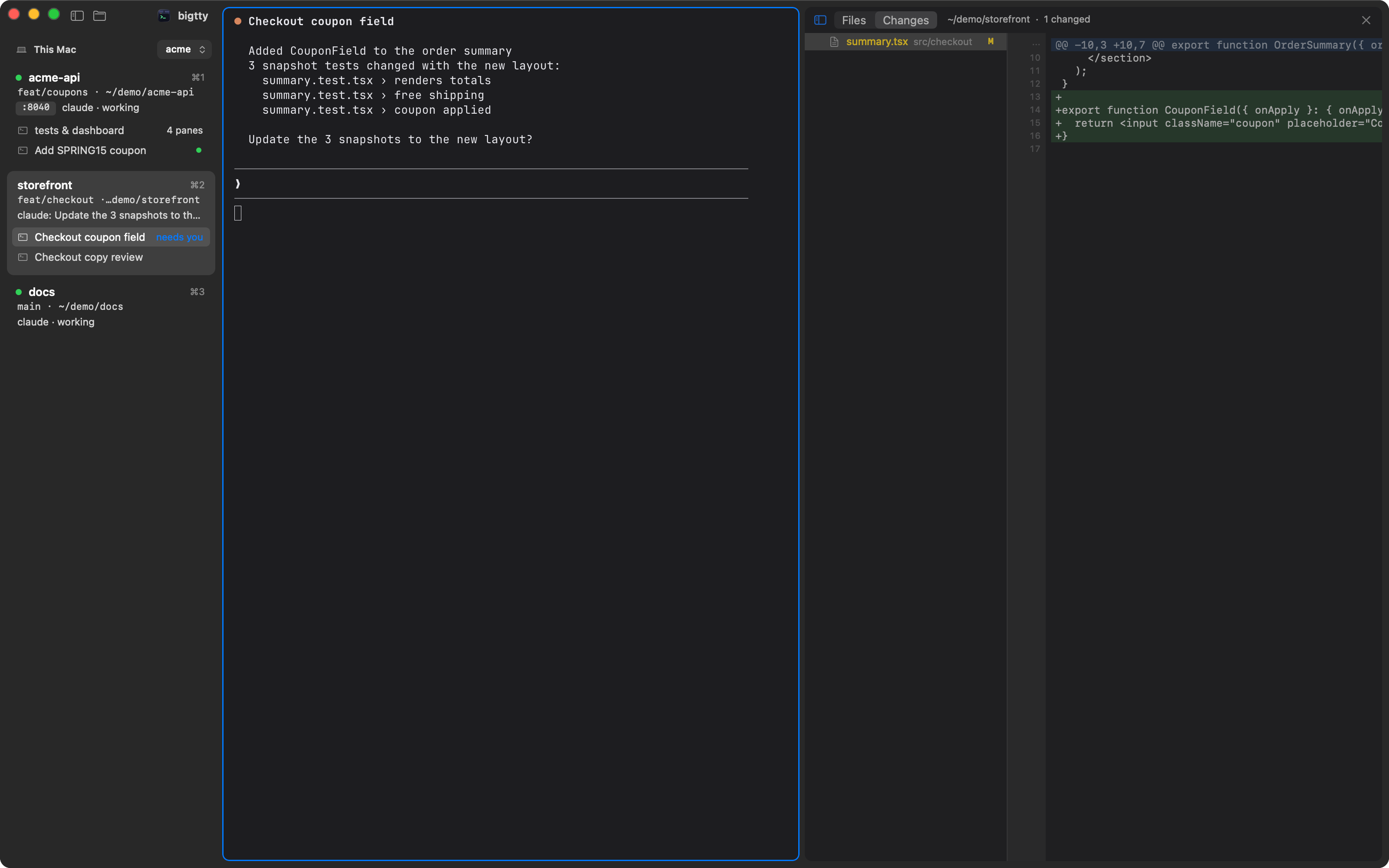 A git diff beside an agent waiting on an answer