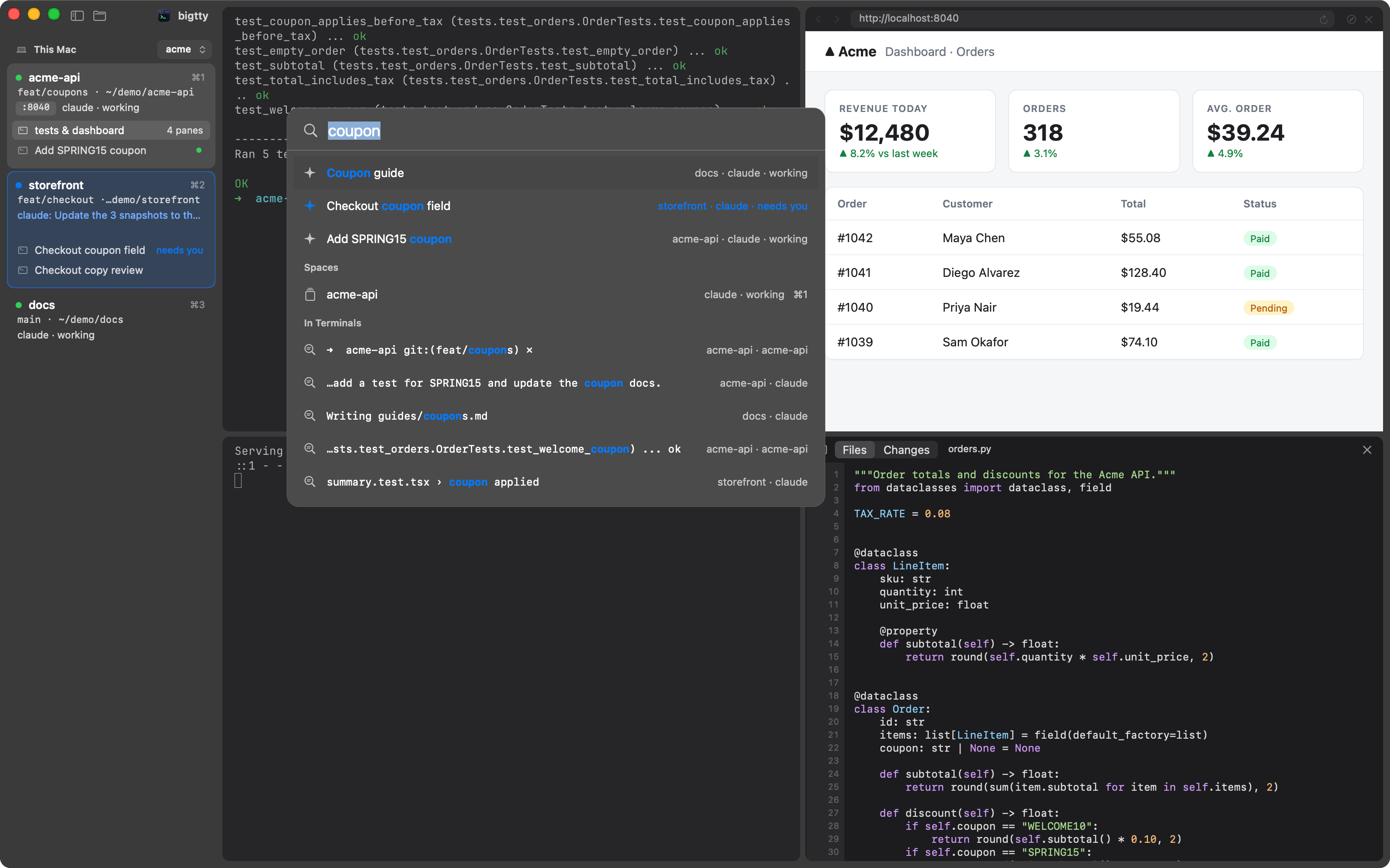 The ⌘K palette finding "coupon" in spaces and terminal output