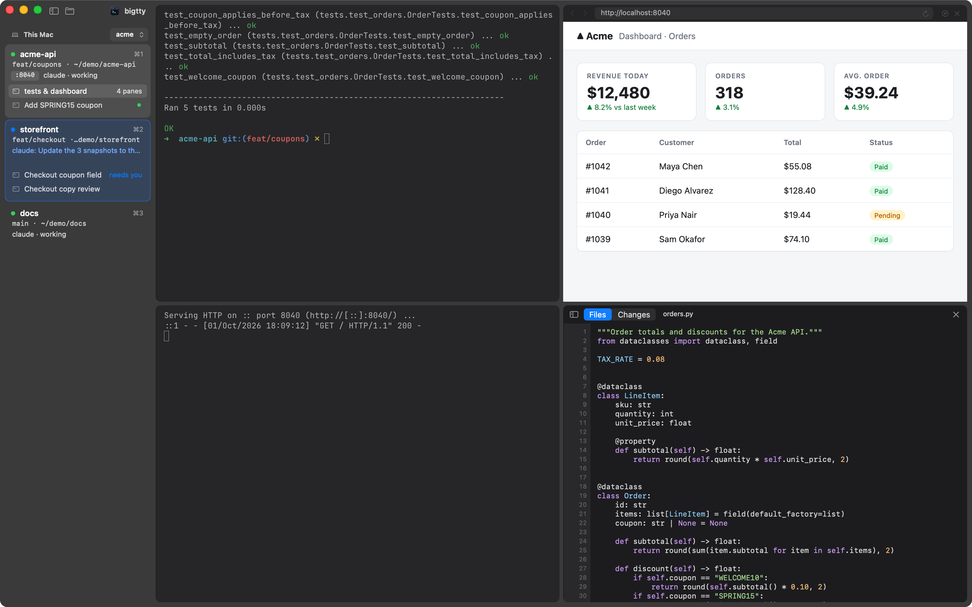 bigtty: spaces in the sidebar, tests, a live dashboard, server logs and code side by side