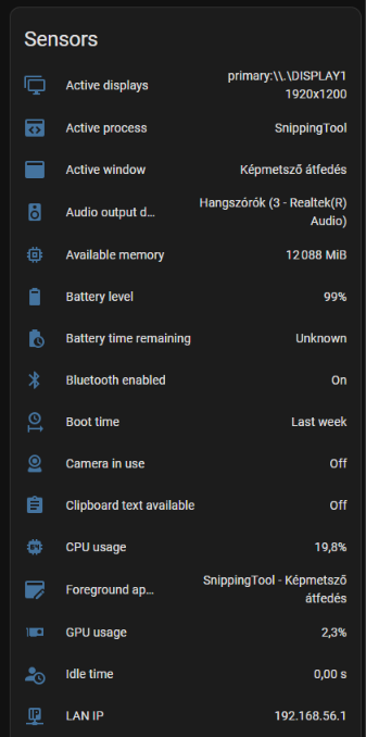 Some of the sensors of a Windows PC in Home Assistant