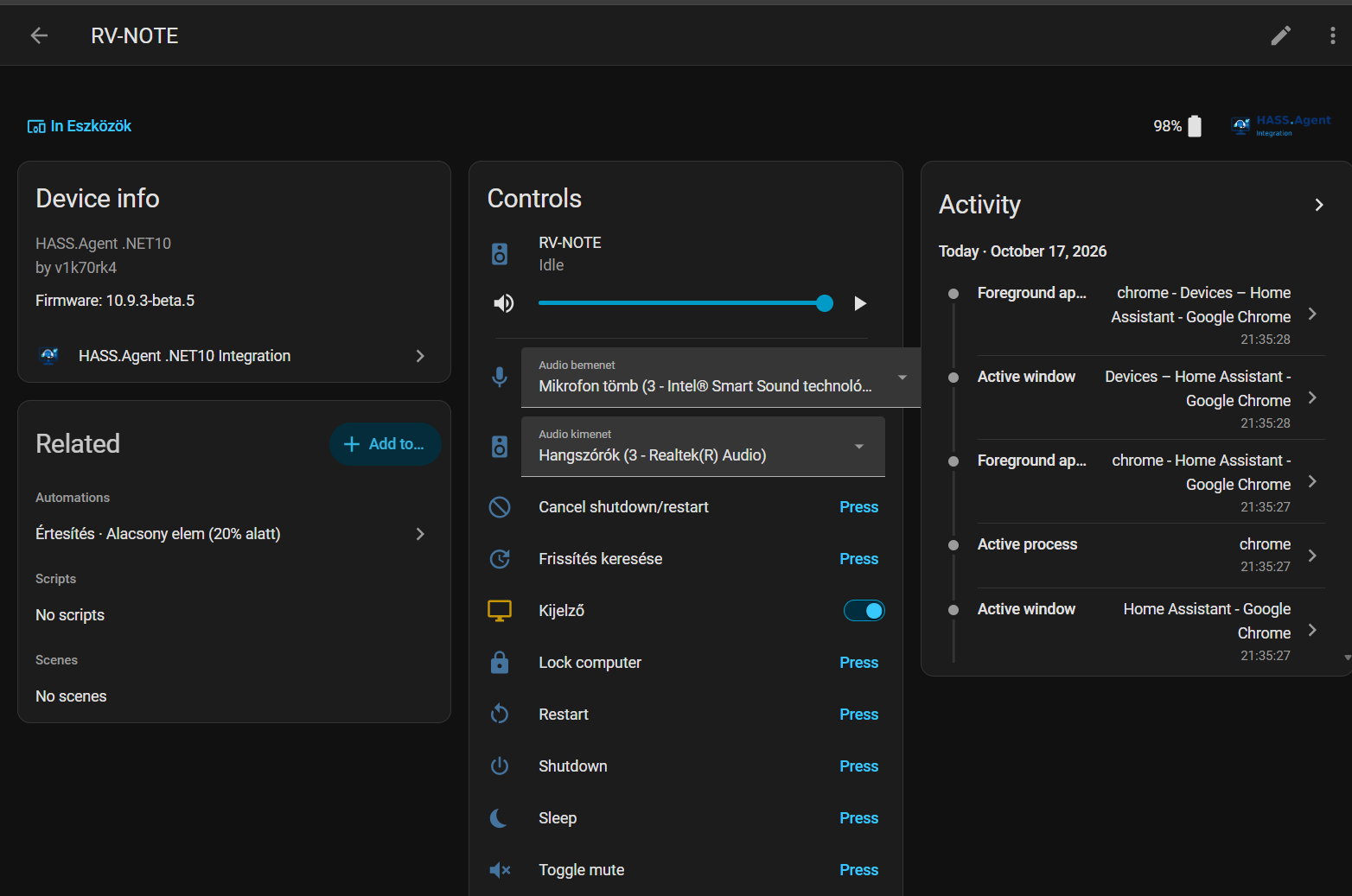 A Windows PC as a device in Home Assistant: media player, audio output select and command buttons