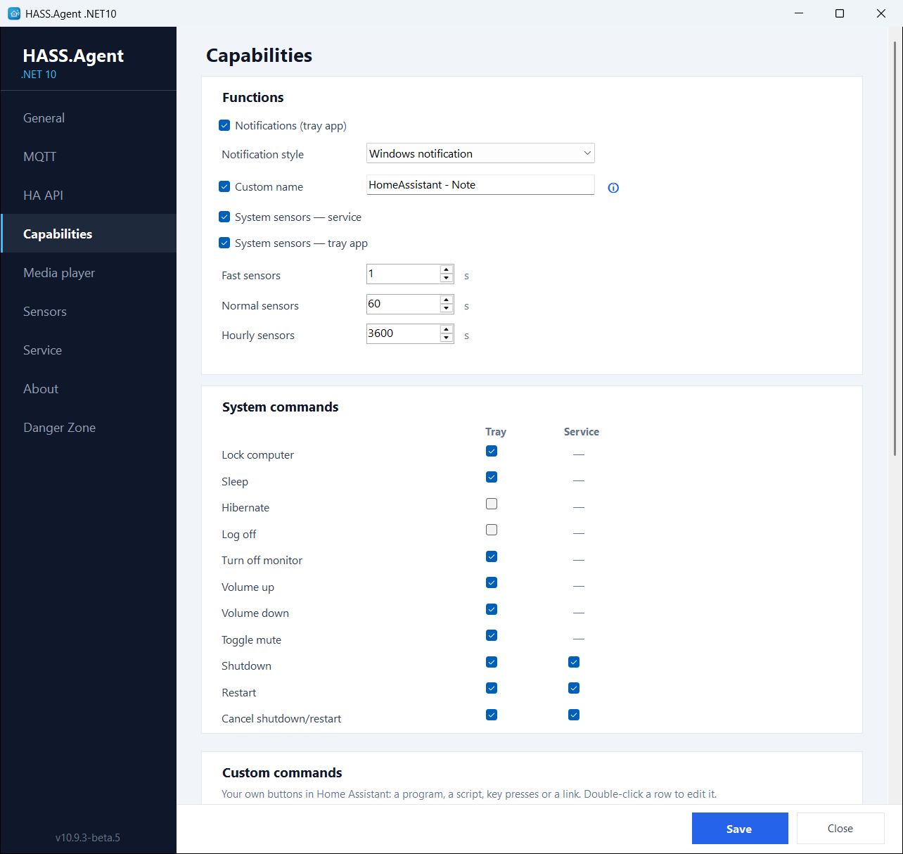 The Capabilities page: features and system commands