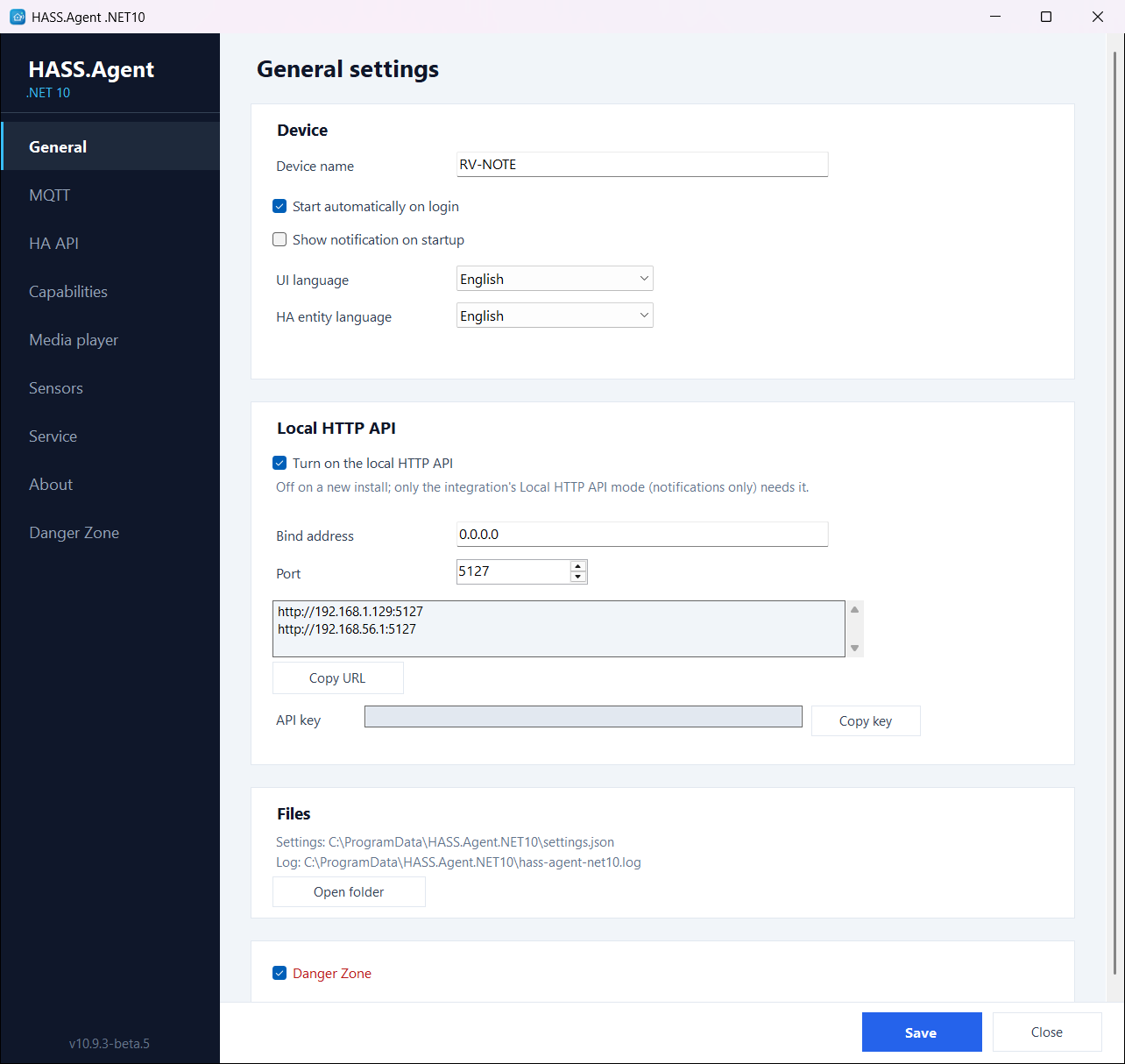 General settings page
