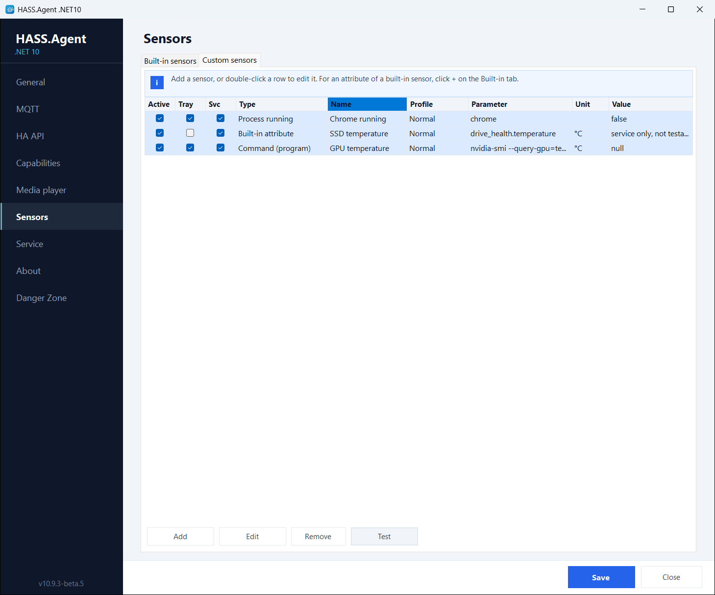 The Custom sensors tab