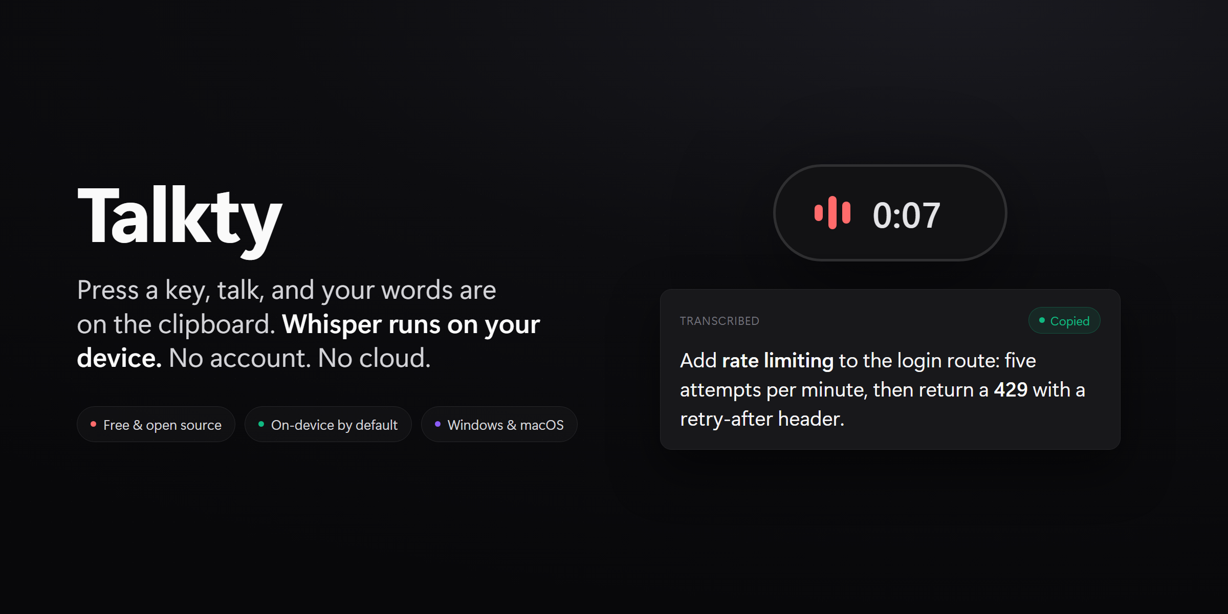 Talkty, the floating recording pill with a live waveform