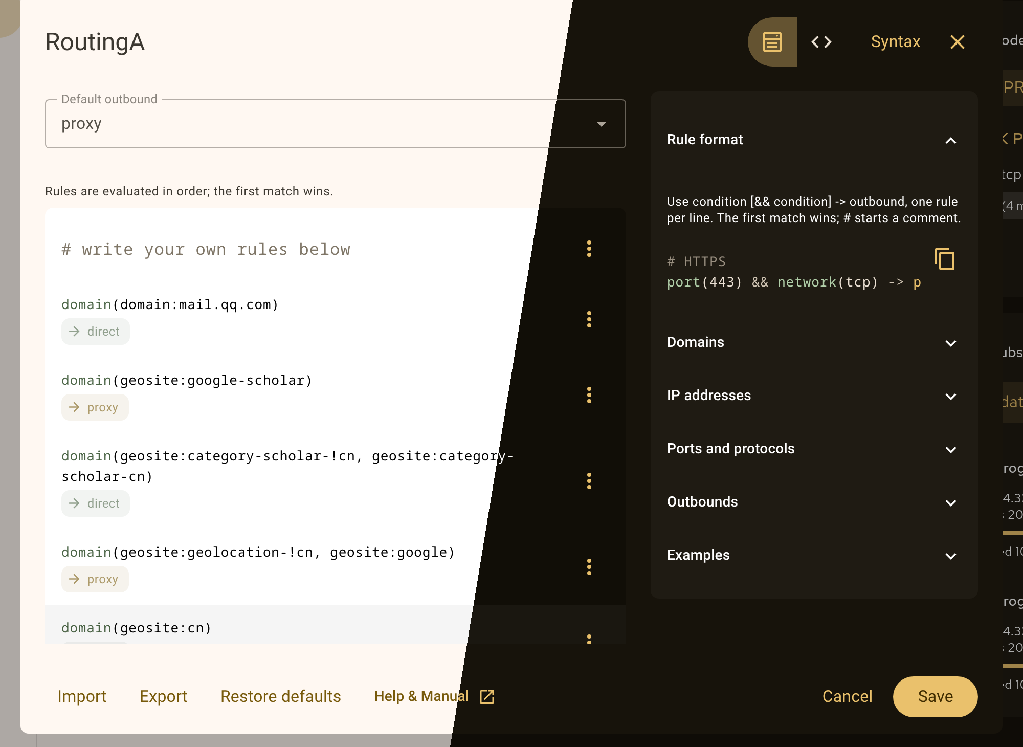The RoutingA editor, light and dark