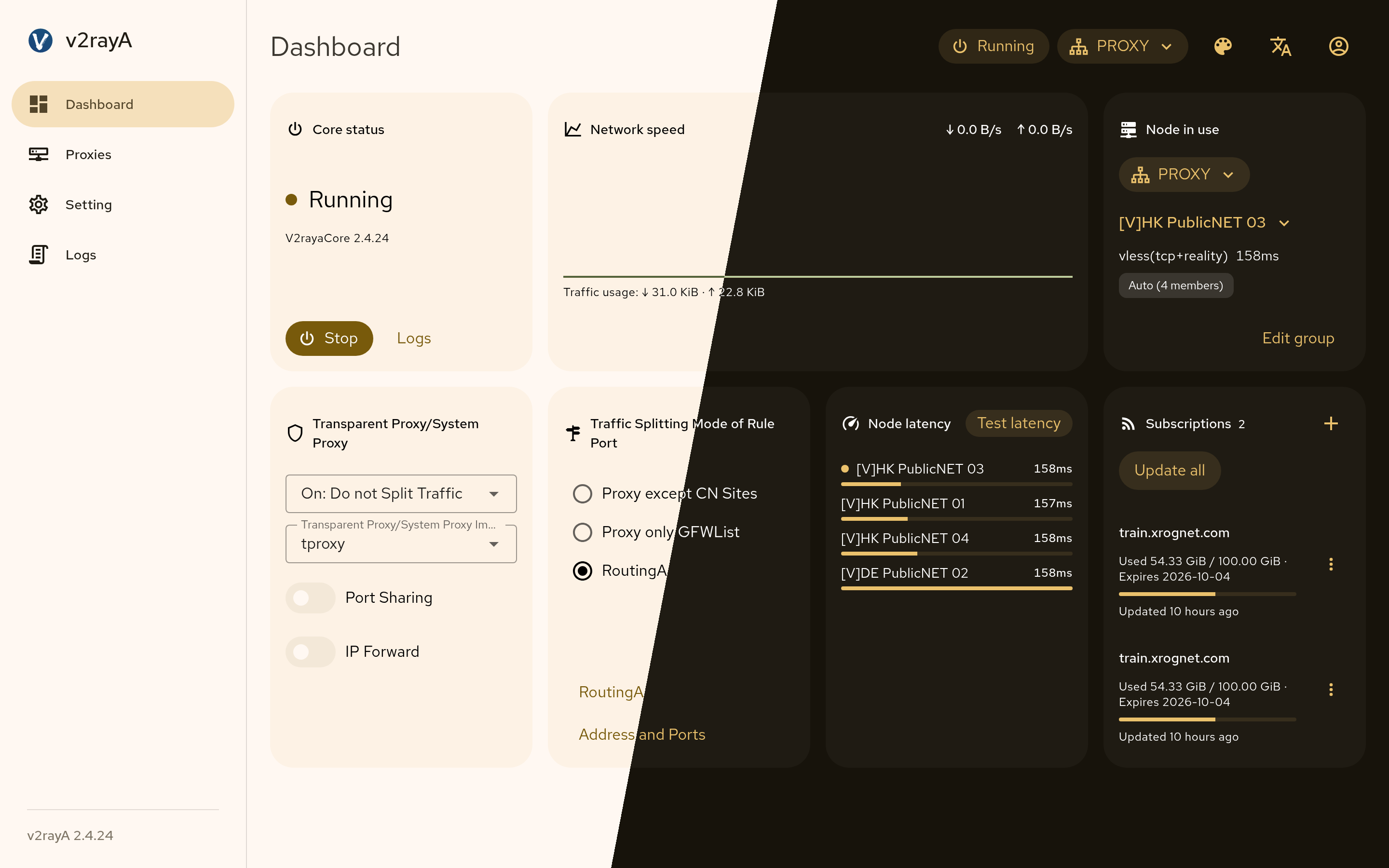 The dashboard, light and dark