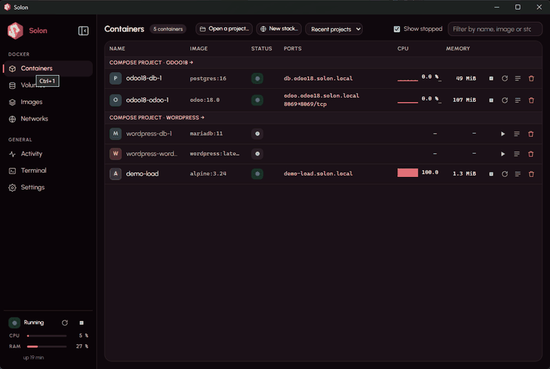 New stack: n8n created and started, then opened at https://n8n.n8n.solon.local