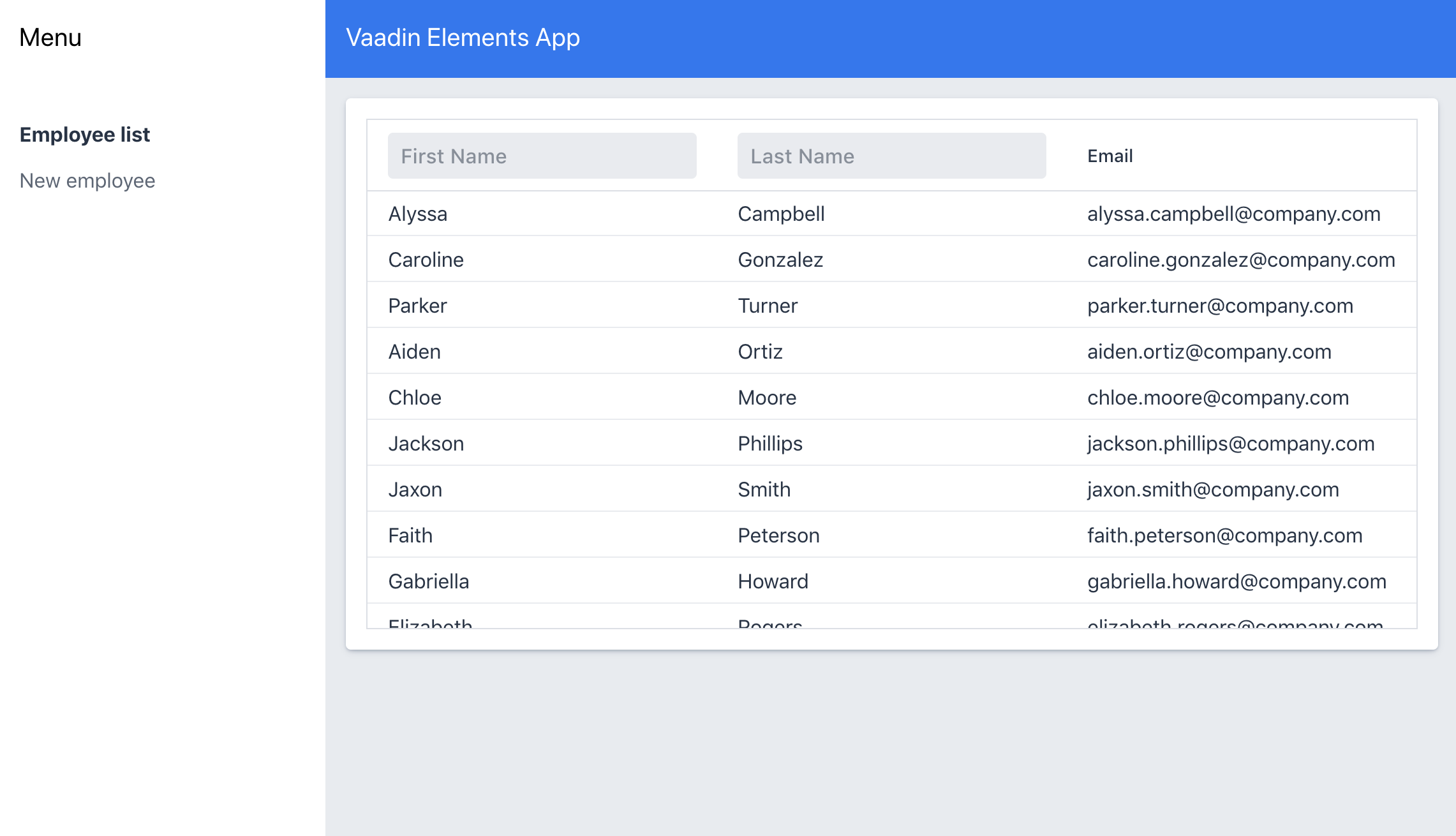 Screenshot of the Vaadin Elements Application