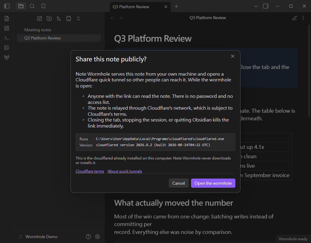 The sharing confirmation dialog