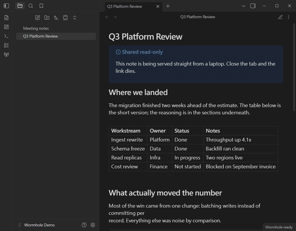 Sharing a note: the command palette, the sharing confirmation, then a live public link