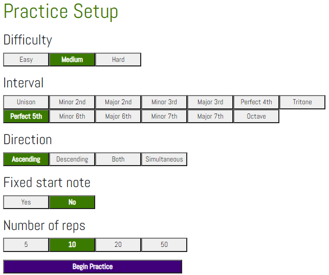 A screenshot of the practice setup screen