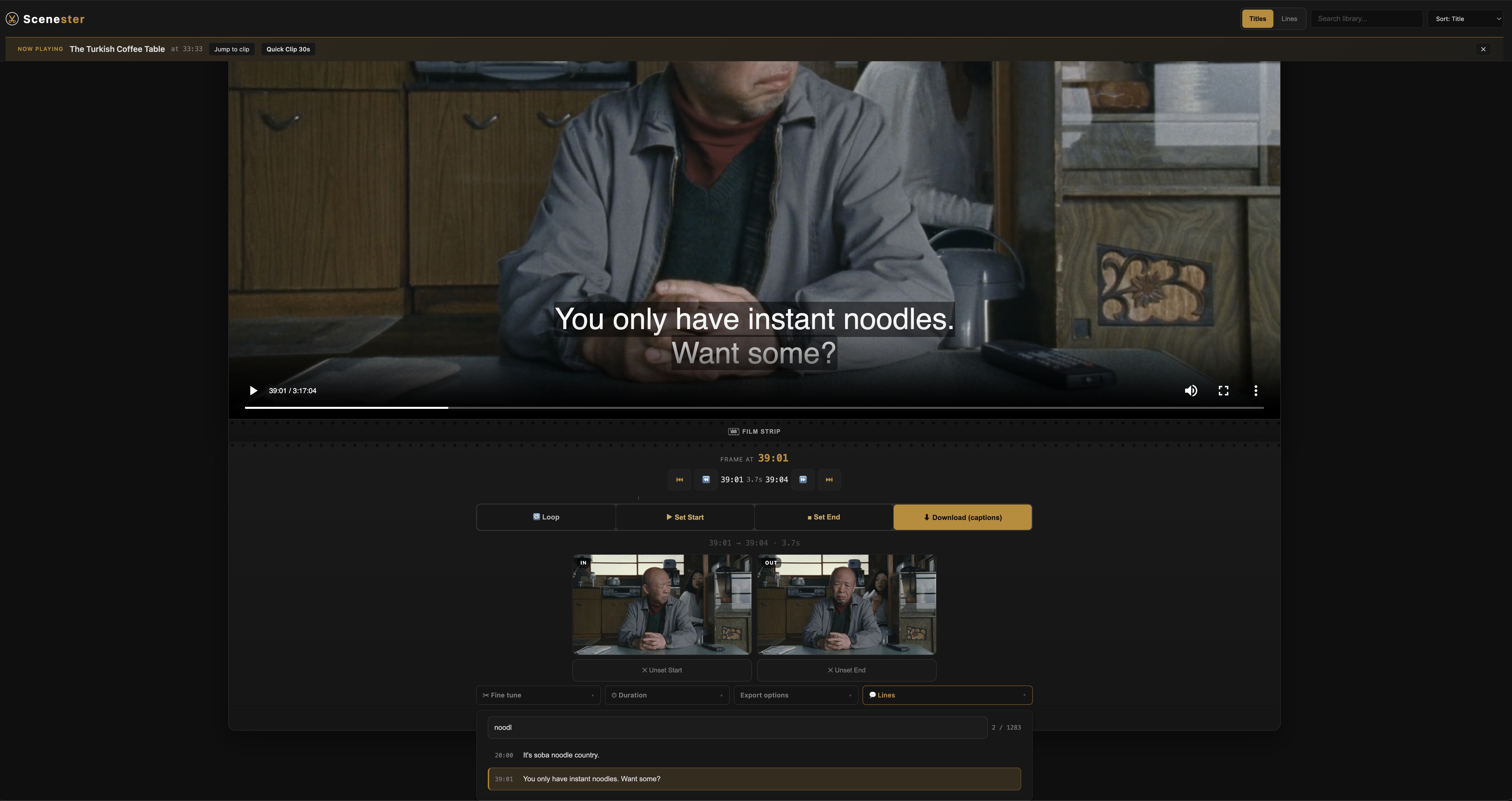 Searching lines within a movie's transcript