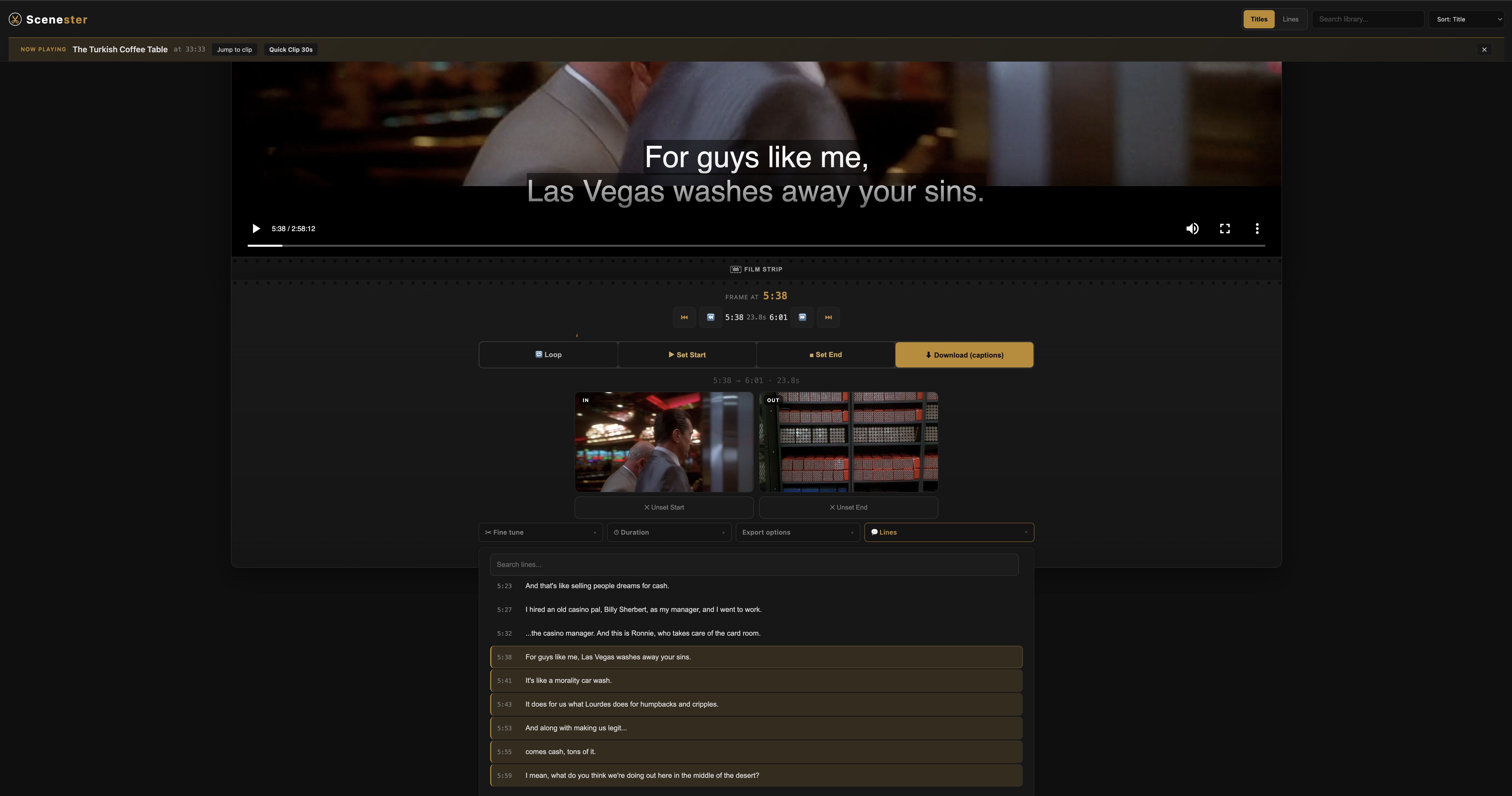 Selecting a run of dialogue lines marks the matching clip range