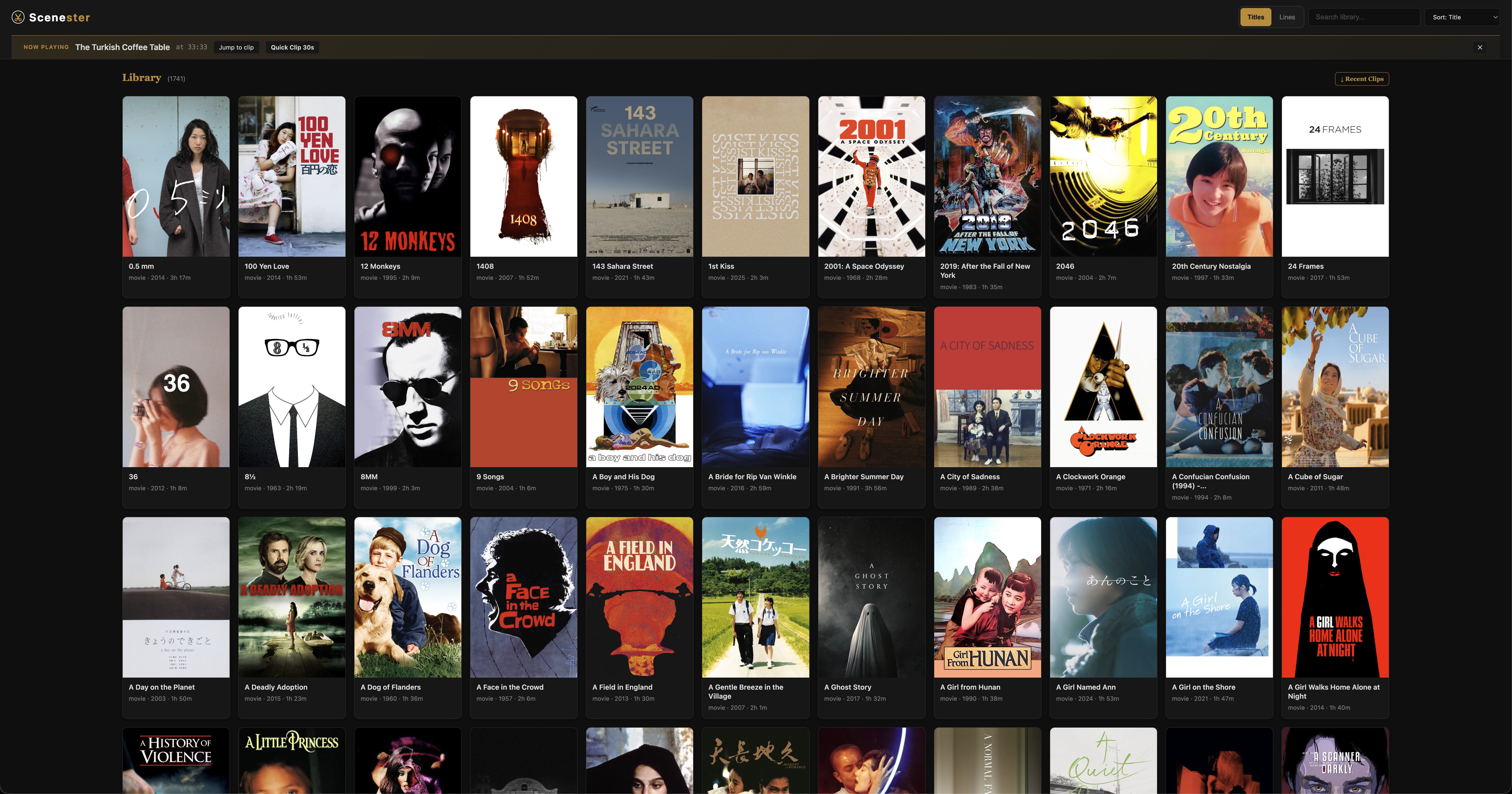 Scenester movie library on desktop, with the now-playing banner