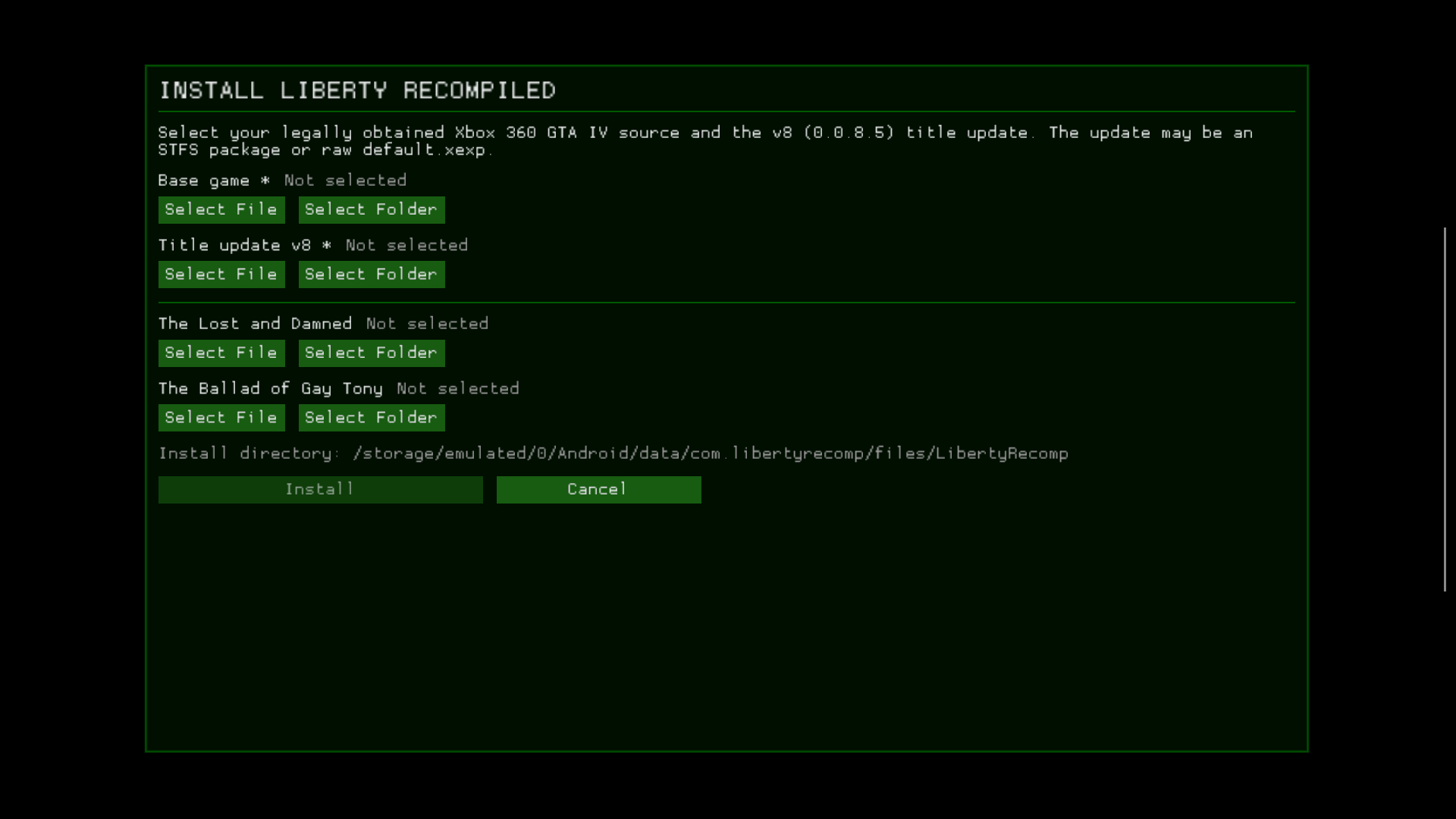 Tela de instalação do GTA IV Android LibertyRecompAndroid com arquivos do jogo
