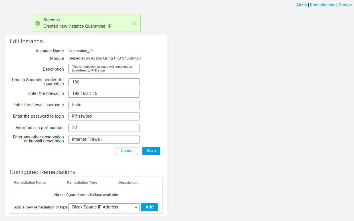 FMC FTD Shun Remediation Edit Instance Block Source IP