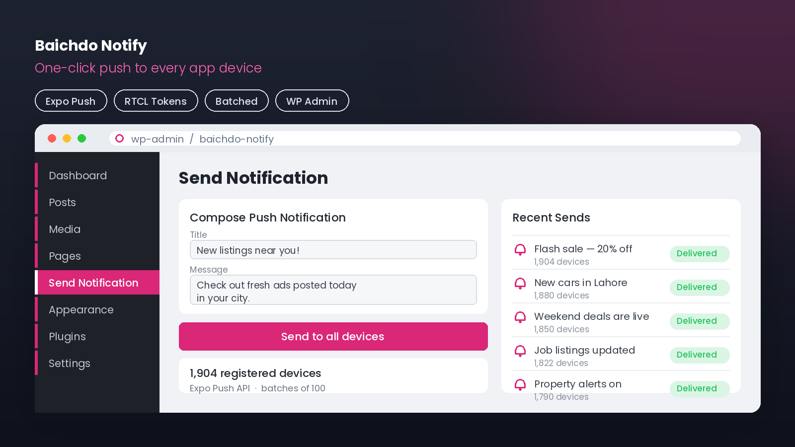 Baichdo Notify send-notification admin screen