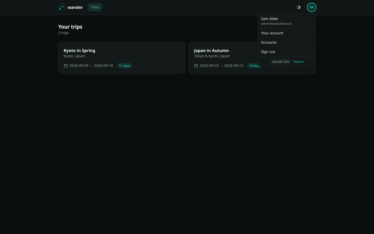 The account menu, showing the build chip and the Source link beside it