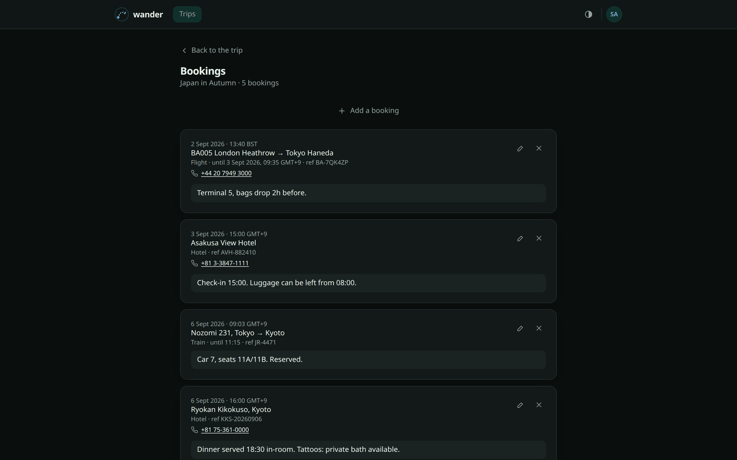 The bookings page, showing a flight that departs in BST and lands in GMT+9
