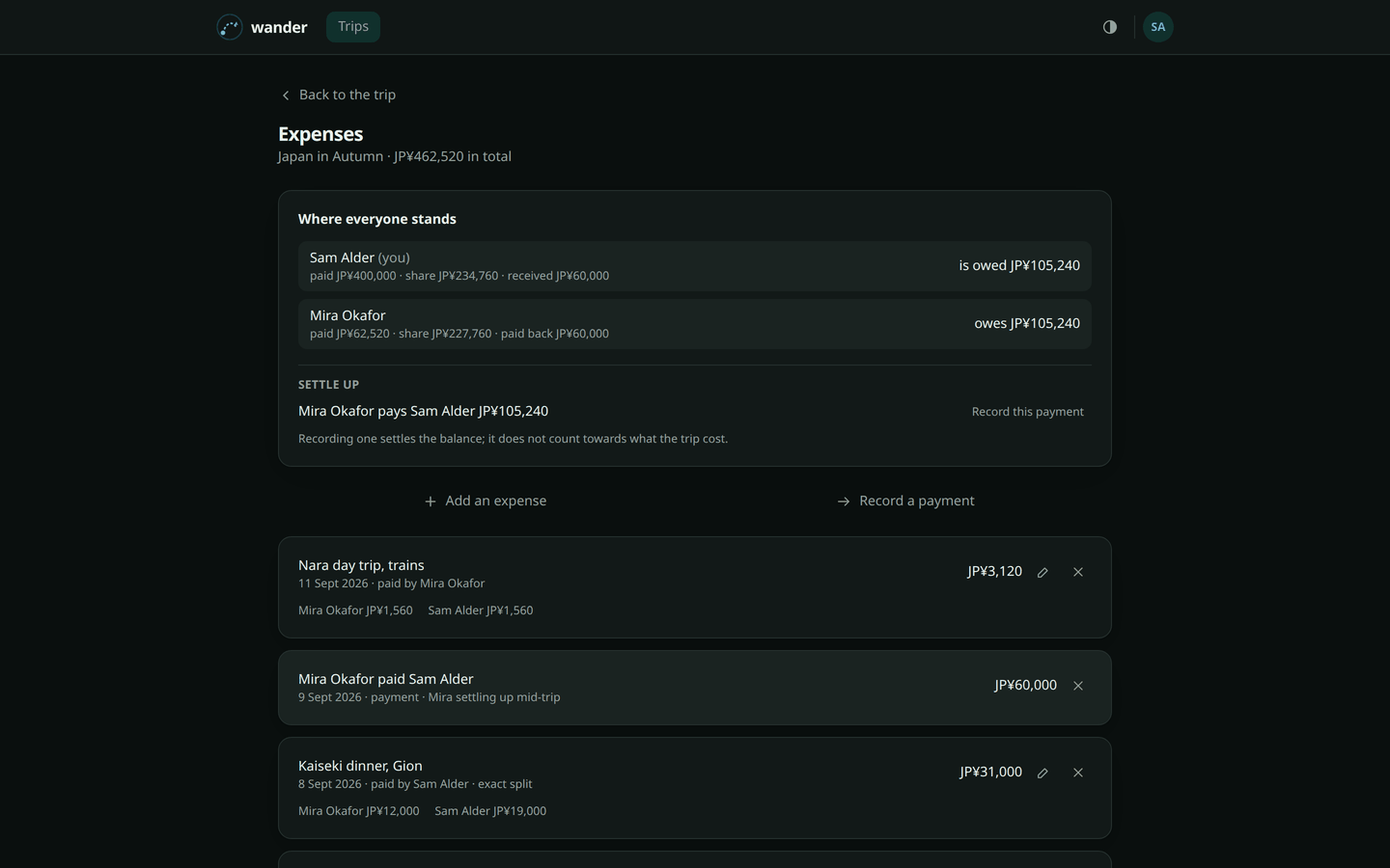 The expenses page, showing balances, a settle-up suggestion, an exact split and a recorded payment