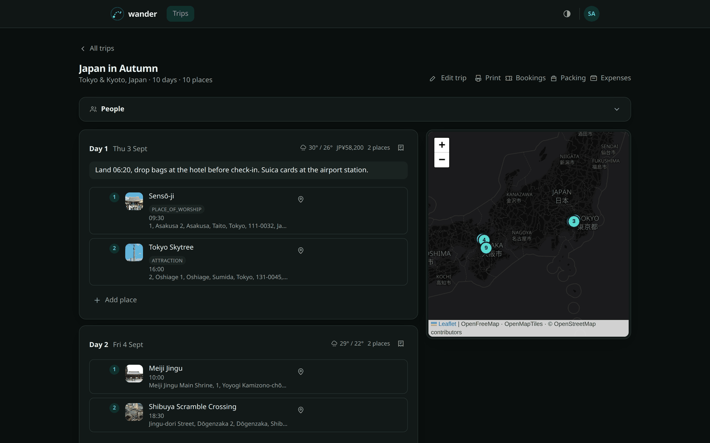 The trip itinerary, with day cards, day notes, per-day spend, the forecast and the map
