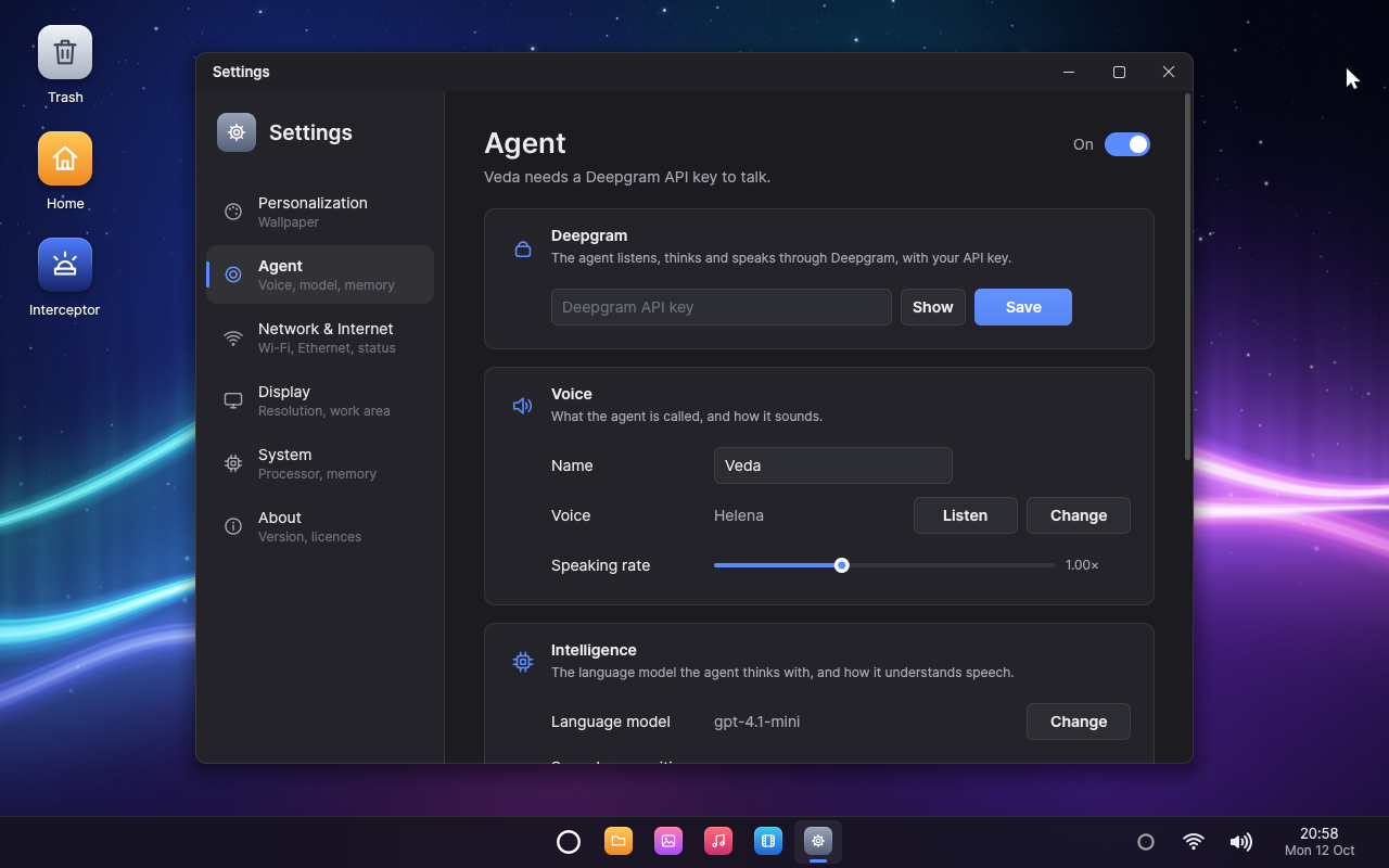 Settings on the agent's page: its Deepgram key, its name, voice and speaking rate, and its language model
