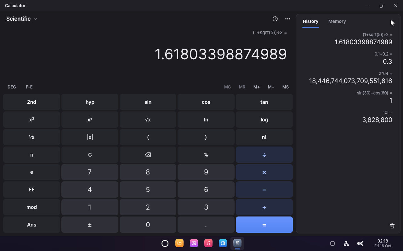 The Calculator in Scientific mode showing the golden ratio, its history beside the keys