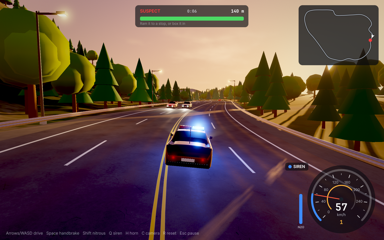 Interceptor: a chase at sunset on a road through the trees of the hills