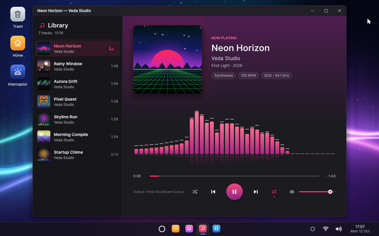 Music playing a song, with cover art and a spectrum visualiser