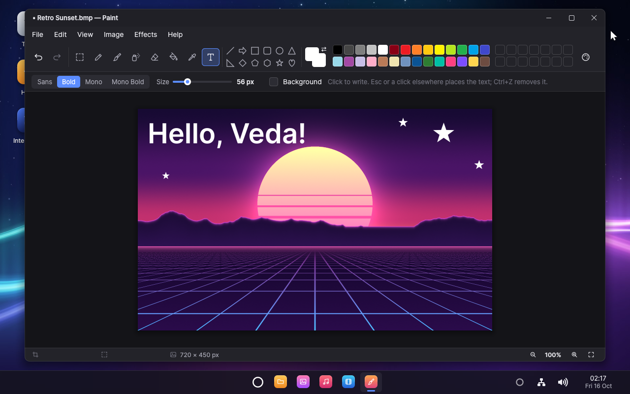 Paint with a synthwave sunset open, white stars drawn in its sky and Hello, Veda! written over it