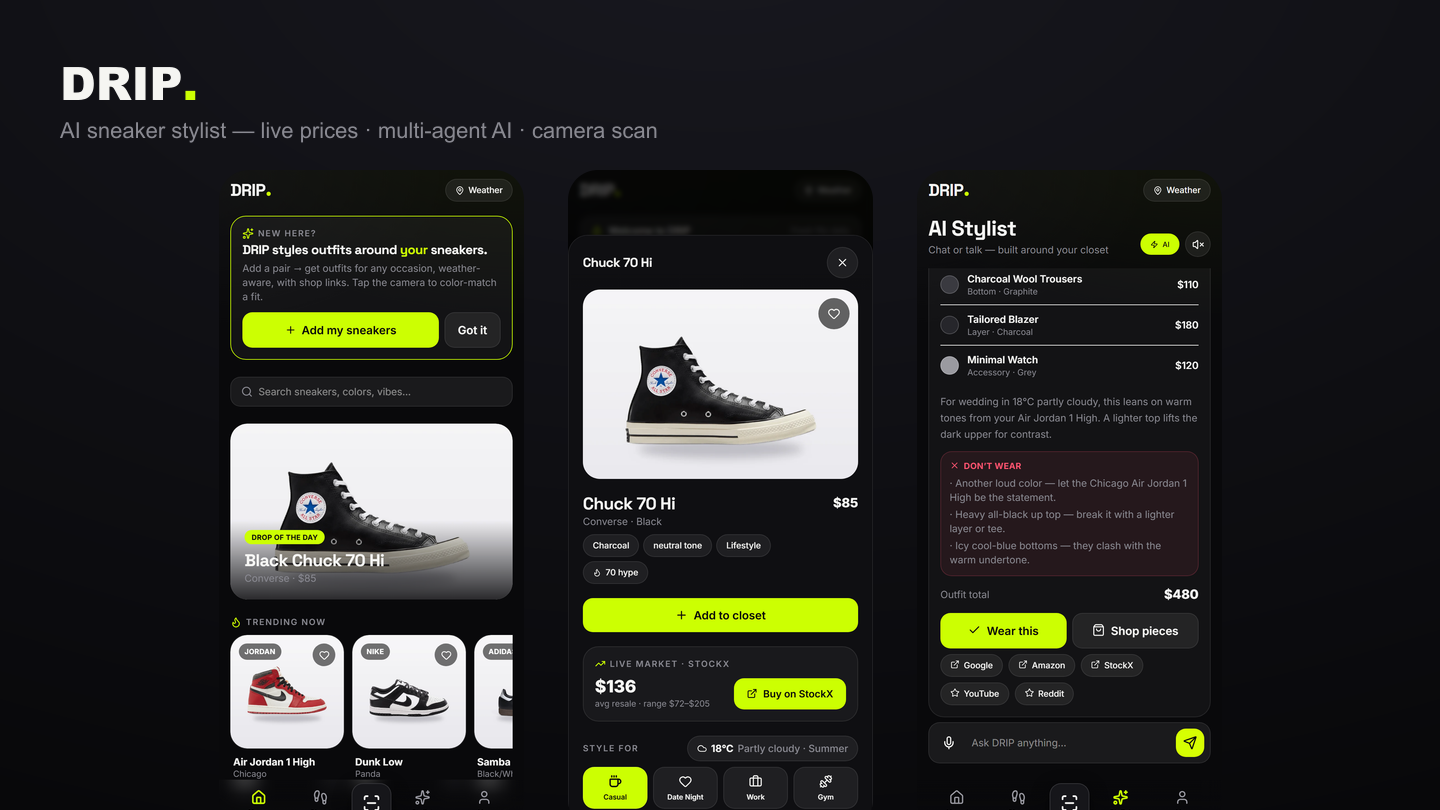 DRIP — AI sneaker stylist · multi-agent AI · live StockX prices · camera color-scan