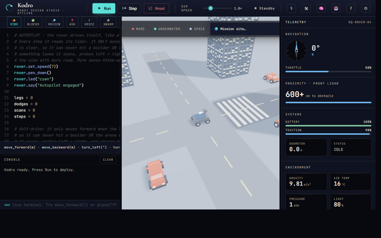 Kodro · offline robot design and simulation studio · Three.js · self-refining
