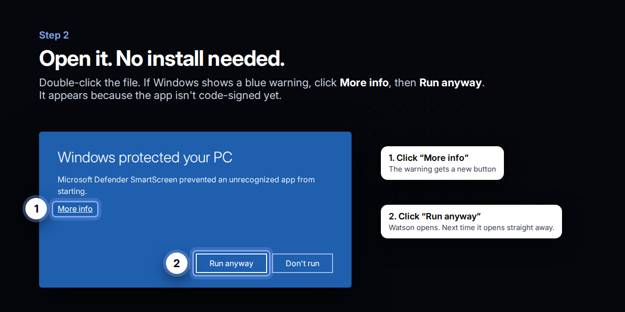 Step 2: click More info, then Run anyway